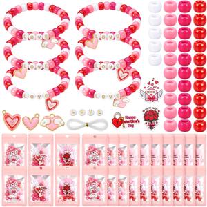Batiyeer 18 Set Valentines Day DIY Bead Bracelets Gifts for Kids, Heart Charms for Jewelry Making, Class Valentines Gifts Exchange, Party Favors, Goody Bag Filler for Boys Girls(Pink)
