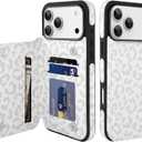 tharlet Compatible with iPhone 17 Pro Case with Card Holder, Cheetah Print PU Leather Kickstand Card Slots for Women Girls, Shockproof Wallet Case for iPhone 17 Pro 6.3''(White)