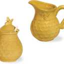 Boston International Embossed Stoneware Cream and Sugar Set, 2-Piece Set, Honeycomb