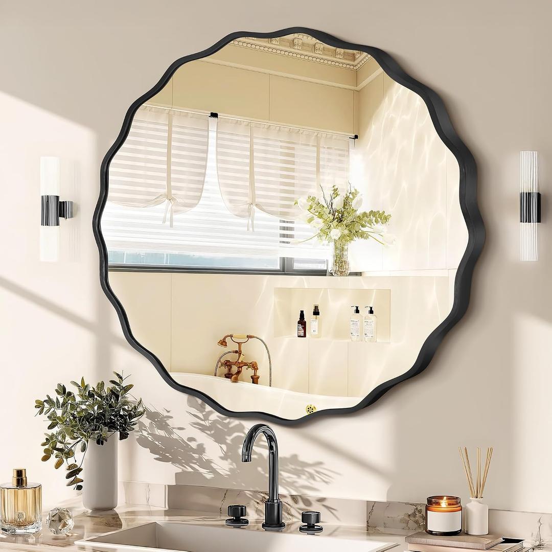 Gold Round Mirror for Wall, 32"x32" Decorative Wavy Bathroom Mirror with Brushed Alloy Steel Frame & Shatter-Proof Glass, Hanging Circle Wall Mirrors for Bathroom, Entryway (Black, Large)