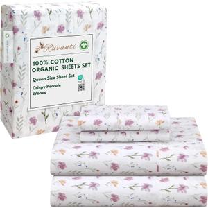 RUVANTI 100% Cotton Organic Percale Sheets Queen Size – Crisp Cooling Bed Sheets for Hot Sleepers, Deep Pocket 15”, Soft Peach Finish, Breathable & Durable Hotel-Style 4 Pcs, Obsessed Stems