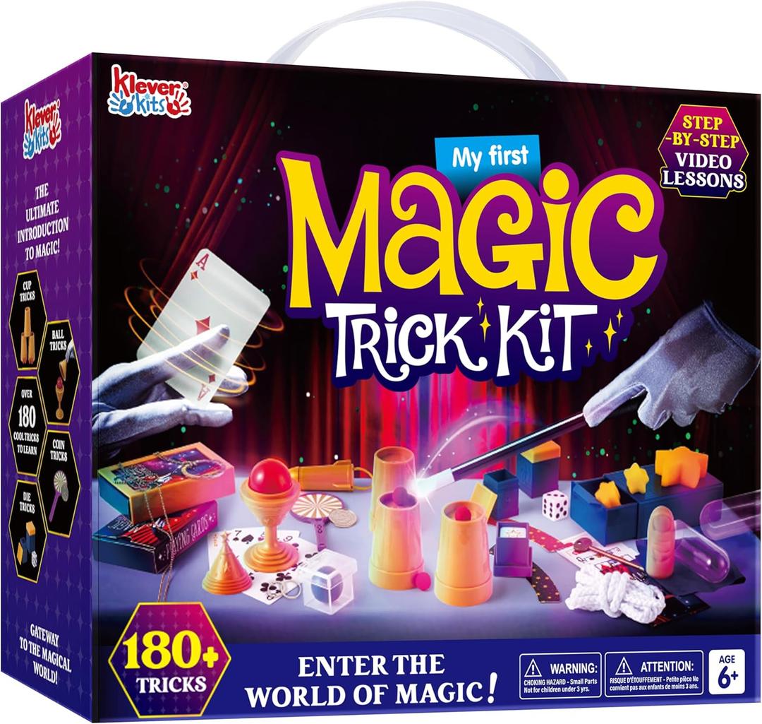 Klever Kits 180+ Magic Set- My First Magic Trick Kit- Amazing Magician Toy with Step-by-Step Video Lessons, for Kids Aged 6+ Easy Tricks of Wand and Illusion Cards by Jova
