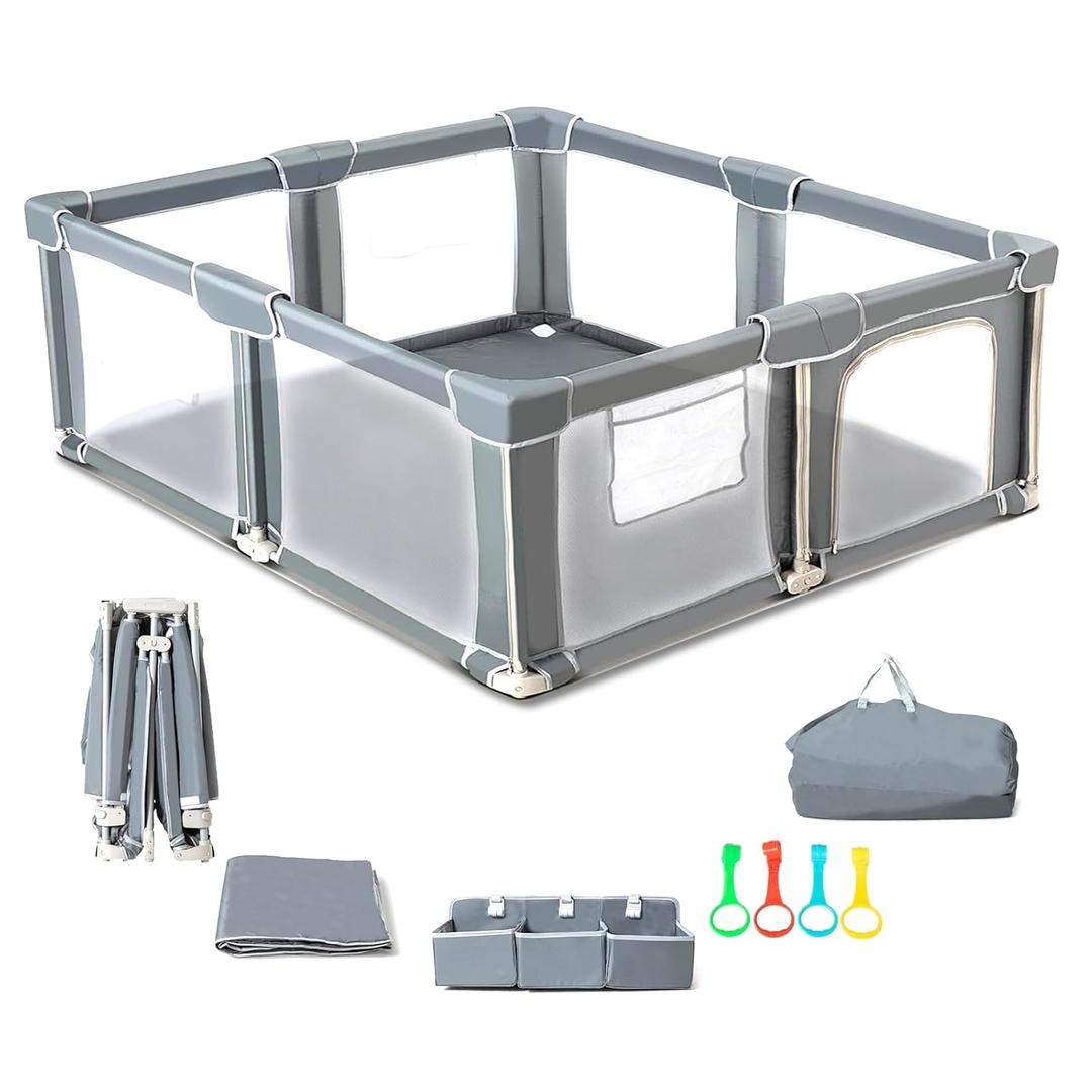Foldable Baby Playpen 59"×71" with Mat, Out-of-The-Box Ready Playpen for Babies and Toddlers, Portable Play Yard with Breathable Mesh & Gates, Storage Bag & 4 Handlers for Indoor & Outdoor Foldable Baby Playpen 59"×71" with Mat, Out-of-The-Box Ready Playpen for Babies and Toddlers, Portable Play Yard with Breathable Mesh & Gates, Storage Bag & 4 Handlers for Indoor & Outdoor