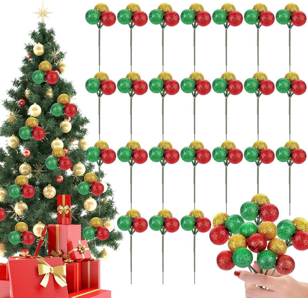 24 Pcs Christmas Tree Ball Ornaments Christmas Ball Picks for Xmas Tree Wreath Garland Vase Stairs Decoration Home Decor (Gold, Green, Red)