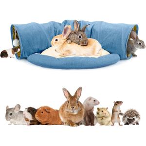 BWOGUE Bunny Tunnel Bed, 2-in-1 Collapsible Tunnel Tubes Toys with Removable Mat Hideout for Cats Kittens Rabbits Guinea Pigs Kitty