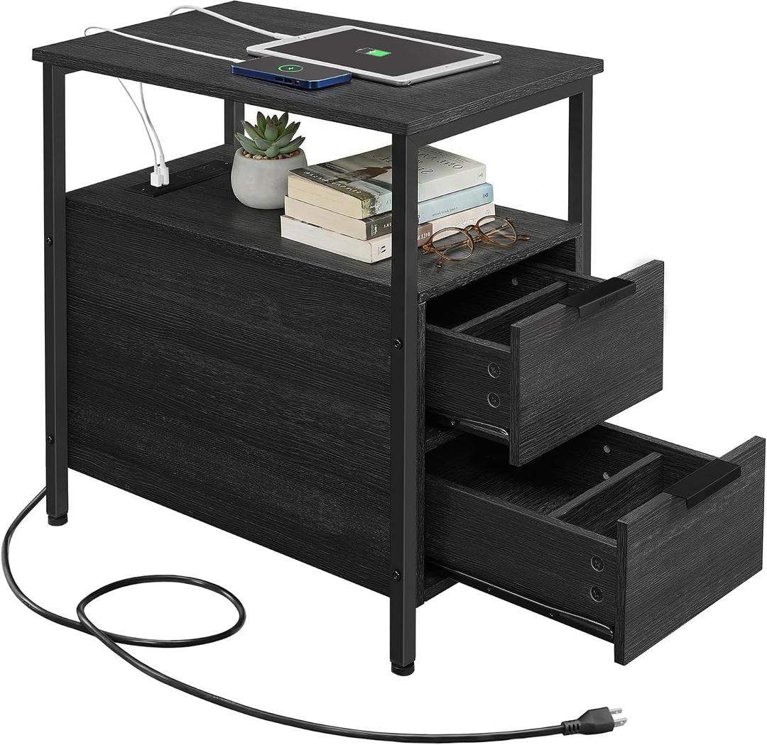 VASAGLE Side End Table with Charging Station, Slim Nightstand with Storage, 23.6"D x 11.8"W