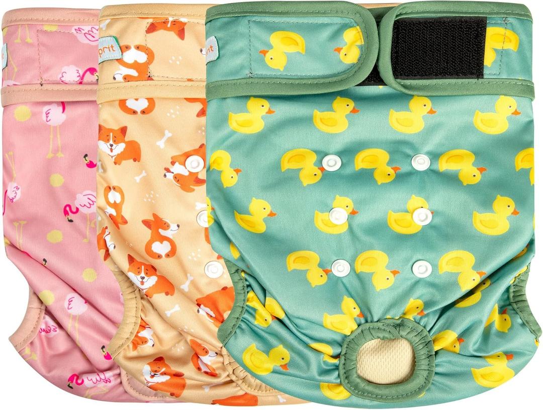 Langsprit Washable Female Dog Diapers - Doggie Reusable Diapers for Doggy Puppy Female in Period - Highly Absorbent Dog Heat Panties (Flamingo Duck) L