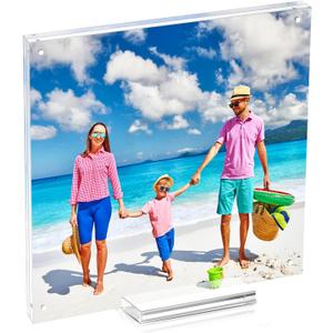 8x8 Square Magnetic Acrylic Picture Frame, Clear Double Sided Frame with Base, Frameless Floating Lucite Photo Frame Stands on Desk Table Horizontally or Vertically