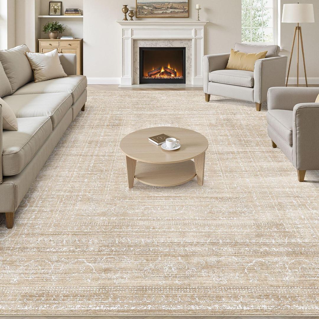 7x9 Area Rug Living Room: Washable Large Neutral Soft Rug Farmhouse Stain Resistant Indoor Non-Slip Floor Carpet for Bedroom Nursery Kids Playroom Office Dining Room Dorm- Beige