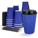 Finepak 12oz 90Pack Compostable Paper Cups with Lids & Straws, 3-Layer Insulated Corrugated Cups for Hot & Cold Drinks, Home Office Travel,Blue (EXP 08/19/32)