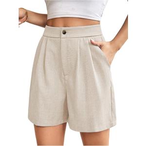 Floerns Women's High Waist Straight Leg Shorts Pleated Casual Shorts with Pocket (Beige, L)