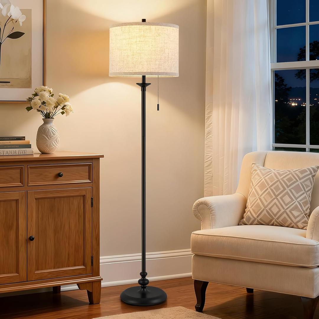 Luvkczc Black Floor Lamp, 60" Standing Lamp Tall Lamp with Fabric Lampshade&Pull Chain Corner Floor Lamps for Living Room, Bedroom & Office Bulbs Not Included