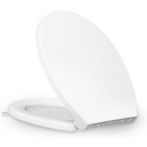 KHE Elongated Toilet Seat 18.5 Inch, Soft Close Toilet Seat with No-Touch Handle, Quick Release for Easy Cleaning, Non-Slip Bumpers, Durable PP, White
