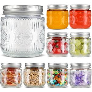 Mason Jars 8 oz - Vintage Small Glass Mason Jars with Silver Metal Lids, Regular Mouth Canning Jars, Safe For Storage, Canning, Pickling, Preserving, Fermenting, DIY Crafts & Decor (8Pack)