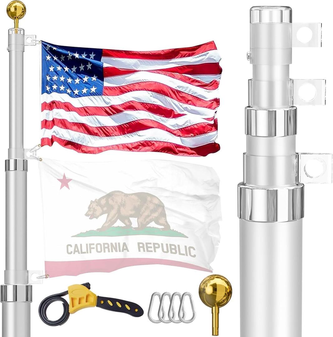 Telescoping Flag Pole for Outside House, 20 FT Heavy Duty 45K PSI & 95 HBW Hard Aerospace Aluminum Flagpole Kit, Unbending Telescopic Outdoor In-Ground Flag Poles with 3x5 American Flag for Yard