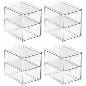 mDesign Stackable Storage Containers Box with 2 Pull-Out Drawers - Stacking Plastic Drawer Bins for Closet Organization, Linen, Coat, Bedroom or Entryway Closets - Lumiere Collection - 4 Pack, Clear