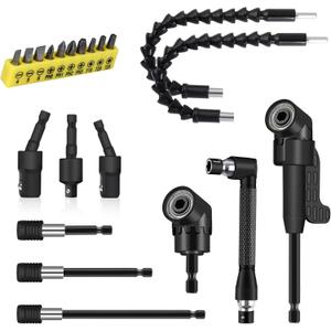 21 Pcs Right Angle Drill Attachment Set Includes 2Pcs Flexible Drill Bit Extension 3Pcs 360 Rotatable 1/4 3/8 1/2" Impact Grade Socket Adapter 3Pcs Drill Bit Holder 10 Short Screwdriver Bits