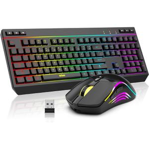 RedThunder K20 Wireless Keyboard and Mouse Combo, Full Size Anti-Ghosting Keyboard with Multimedia Keys + 7D 4800DPI Optical Mice, Rechargeable RGB Gaming/Office Set for PC Laptop Mac Xbox (Black)