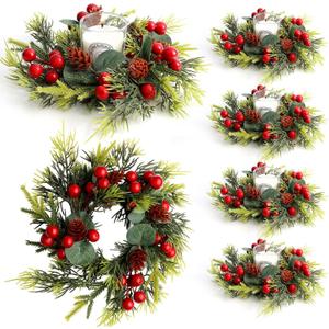 6PCS Christmas Candle Holder Rings Artificial Small Wreath Table Centerpieces Xmas Napkin Rings for Dinner Table Top Decor Christmas Decoration