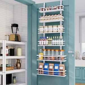 Over The Door Pantry Organizer6-Tier Over The Door Organizer with Adjustable Basket Metal Hanging Pantry Organizers and Storage for Kitchen, Back of Door Seasoning Rack (White)