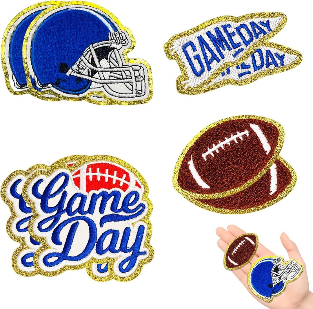 Jongdari 8pcs Football Game Day Helmet Patches Chenille Sports Iron On Patches Bulk for Hats Backpacks Clothes, Gameday Rugby Patch for Heat Press with Gold Edges (Blue, 8pcs)