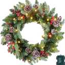 24 Inch Prelit Christmas Wreath, Artificial Christmas Wreath for Front Door with LED Lights, Pine Cones, Pine Needles, and Red Berries, Reef for Door Window Mantel Indoor/Outdoor Home Decoration