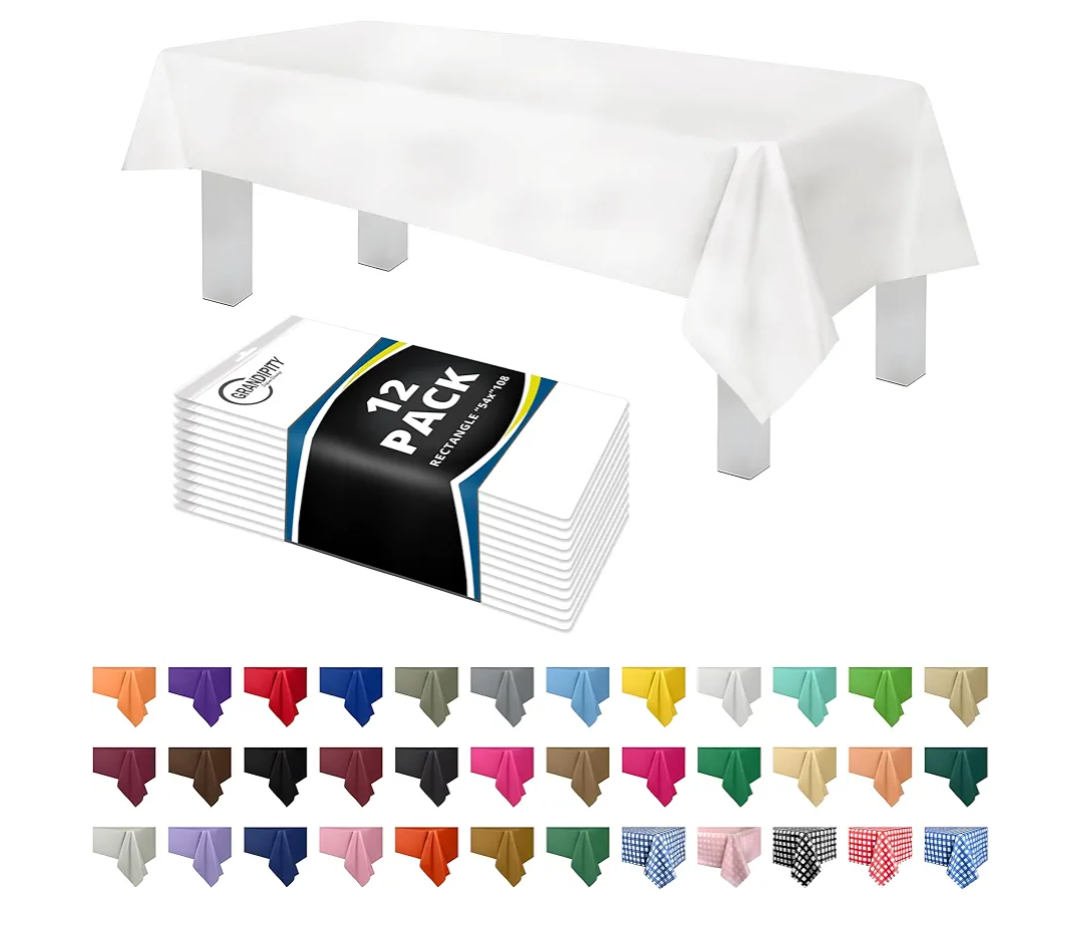 Grandipity 12 Pack Premium Disposable Plastic Tablecloth 54 Inch. x 108 Inch. with 0.3mm Thickness Table Cover - White