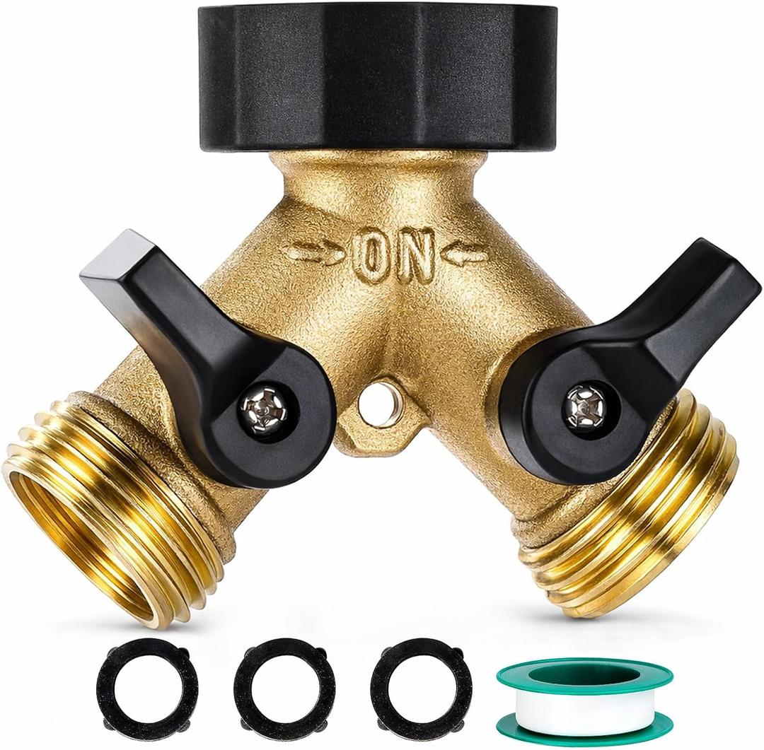 Dalmbox Garden Hose Splitter 2 Way, Y Connector Brass Garden Hose Adapter, Water Hose Splitter, Double Shut Off Valve, Includes 3 Rubber Washers & Teflon Tape(1 pack)