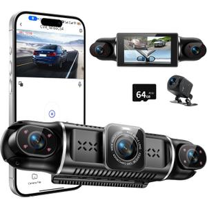360°View 4 Channel Dash Cam, 4K+1080P Front and Rear Inside Left Right, Dash Camera for Cars, Built-in G-Sensor, IR Night Vision, 24H Parking Mode, 64GB SD Card, Loop Recording, APP Control