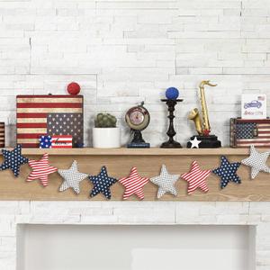 Patriotic Banner Vintage 3D 4th of July Star Garland Red White and Blue Decorations Pre-Assembled Soft Fabric Banner for Independence Memorial Day Veterans Party Decor, Fabric