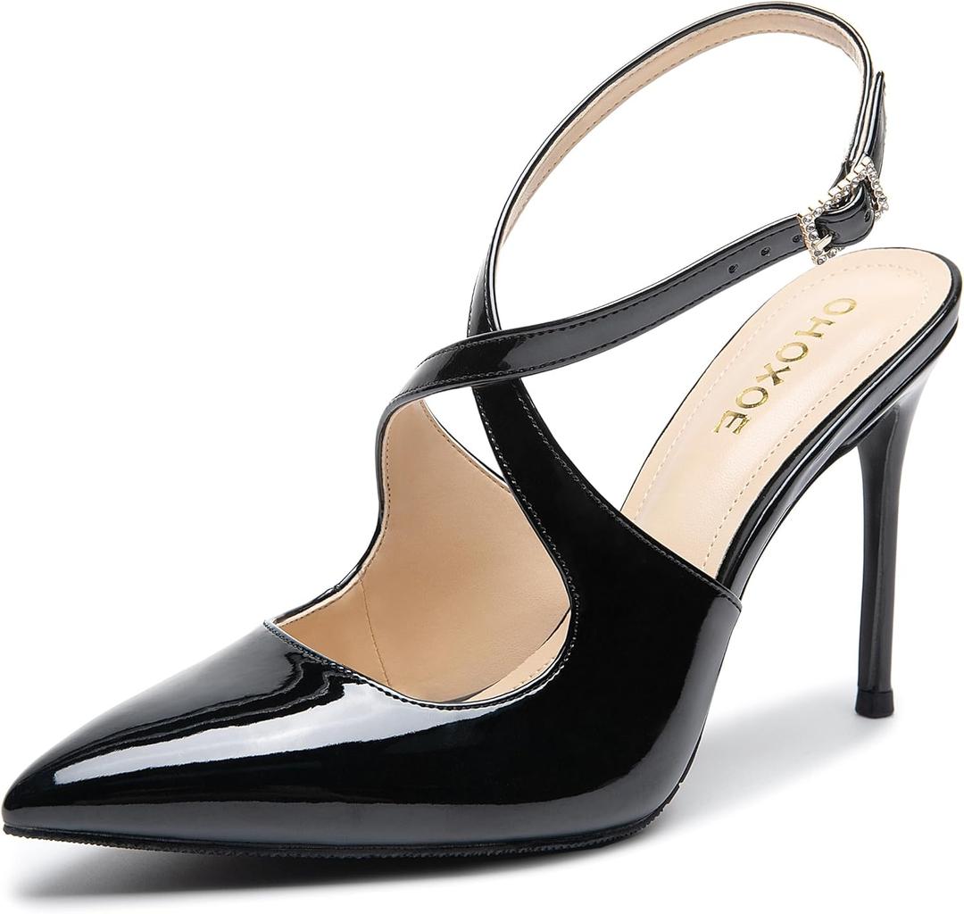 Slingback Heels for Women Pointed Closed Toe Stiletto Pumps Cross Strap Kitten Heels Wedding Party Dress Sandals Shoes (6, Black)