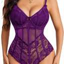 Avidlove Bodysuit for Women Sexy Lace Top One Piece Lingerie V Neck Mesh Tops Going Out Cami Naughty Push Up Body Suit XL (Purple)