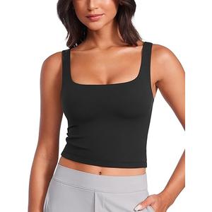 CRZ YOGA Womens Butterluxe Double Lined Square Neck Tight Tank Tops Sleeveless Workout Cropped Casual Yoga Fitted Shirts (Small, Black)