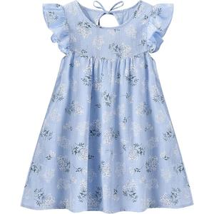 Toddler Girls Ruffle Sleeve Cotton Linen Dress Sleeveless Baby Girl Back Tie Dress Kid Casual Sundress, Size 110 , Blue Floral