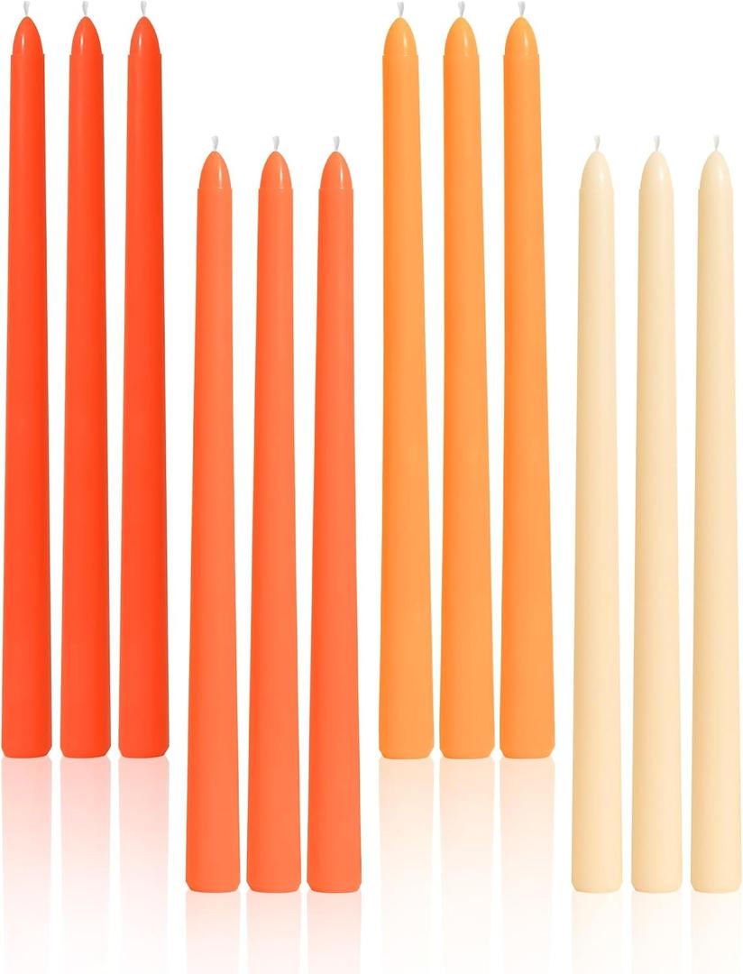 Viyffo Taper Candles, 12 Inch, 12 Pack, Orange Unscented, Smokeless Design, Up to 8-Hour Burn Tall Candlesticks for Table Decor, Weddings & Dinners