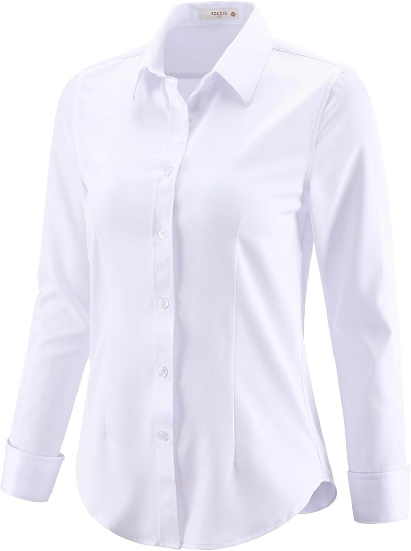 Button Down Shirts for Women Dress Shirts Long Sleeve Stretch Wrinkle Free Work Solid Casual Office Blouses Top (Large, White)