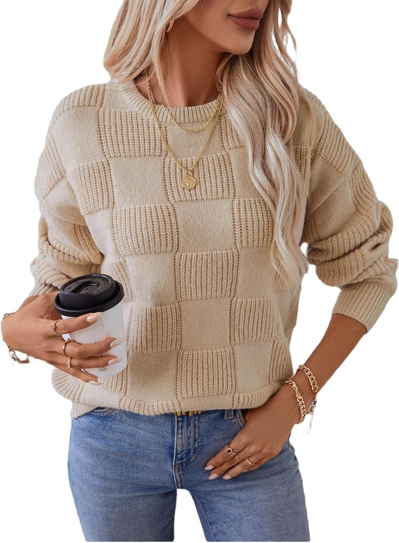 BAKANO Womens Casual Sweaters Long Sleeve Crew Neck Crochet Pullover Sweater Top (Large, Apricot)