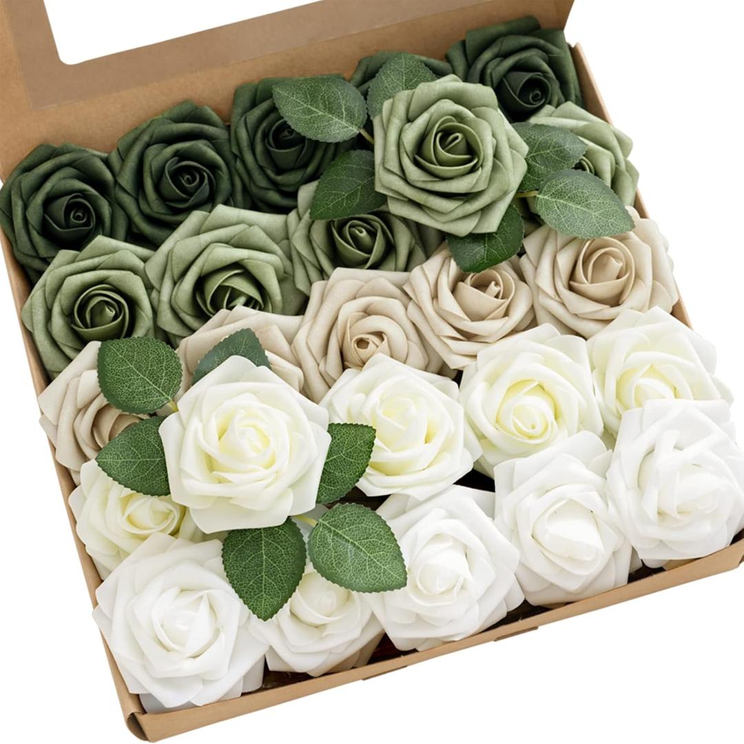 Ling's moment Artificial Flowers, 25Pcs 3" Roses in Sage Shades, Realistic DIY Foam Floral Decor for Wedding Bouquets/Centerpieces, Outdoor Party Backdrops, Room/Table, and Garden/Pot Decorations (Shades of Emerald & Tawny Beige)
