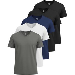 Real Essentials 5 Pack: Mens V-Neck Dry-Fit Moisture Wicking Active Athletic Tech Performance T-Shirt (X-Large)