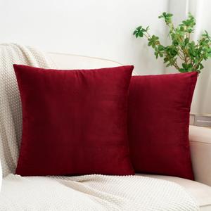 HWY 50 Burgundy Red Velvet Throw Pillow Covers 18x18 Inch, Pack of 2 Soft Cozy Solid Decorative Luxury Cushion Cases for Couch Sofa Bed Living Room Bedroom
