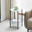 2-Layer End Table with Whole Marble Tabletop, Round Coffee Table with Black Metal Frame for Bedroom Living Room Office (White,1 Piece)