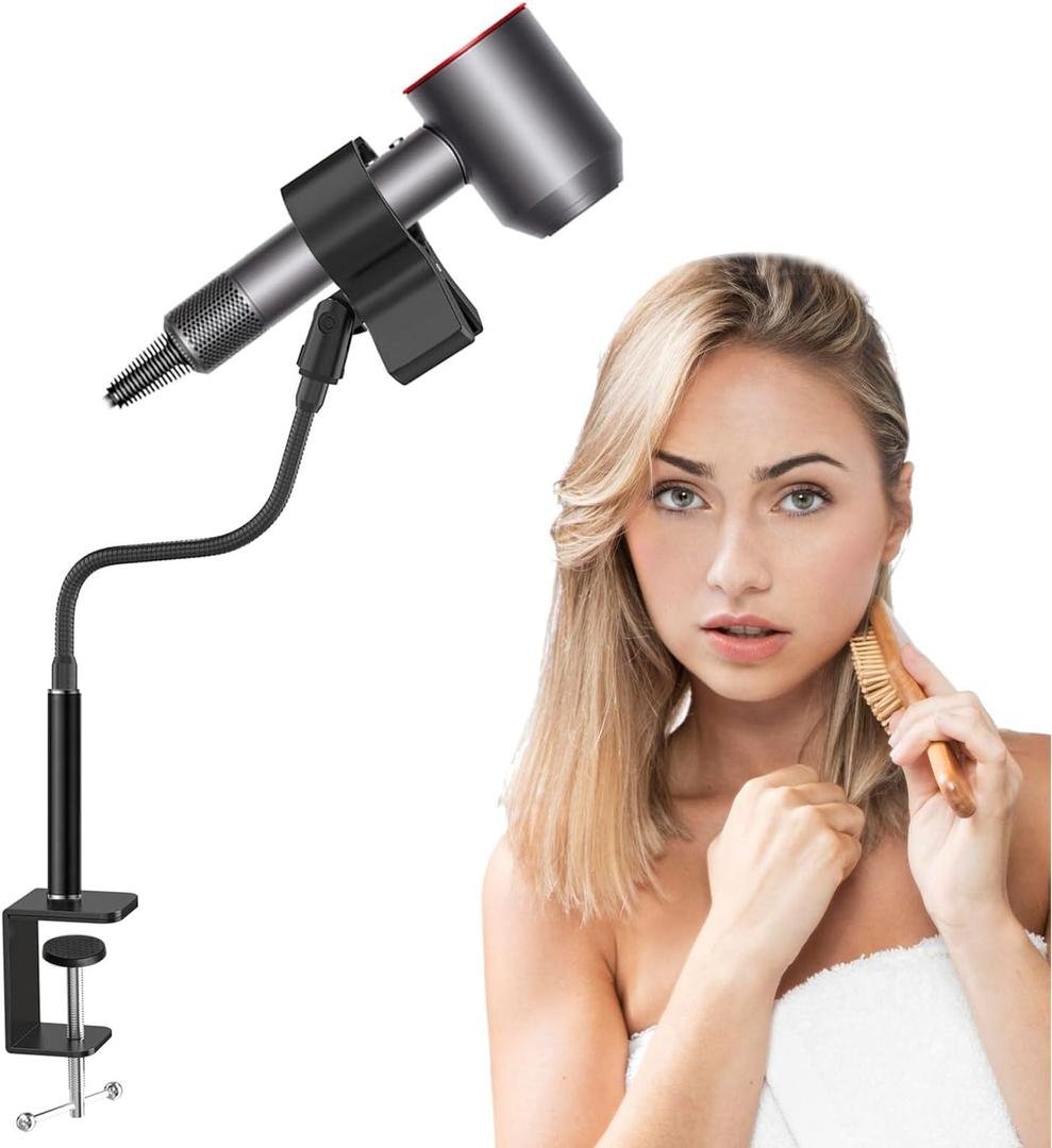 Purple River Hands Free Hair Dryer Holder 19inch, Flexible Gooseneck Desktop Blow Dryer Holder and Universal Clip, Adjustable Strong Metal Base Clamp,Suitable for sitting use Easy Installation