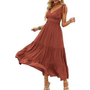 DEEP SELF Women's Summer V Neck Tie Strap Maxi Dress Halter Ruffle Hem Long Dresses Spaghetti Strap Long Flowy Dresses, Rusty Red, Medium