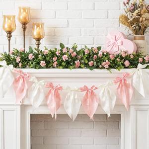 1 PCS Bow Garland Banner, Satin Ribbon Hanging Party Bow Garland Decoration, Pre-Strung Satin Ribbon Ornaments, Ribbons Bows Party Decorations for Birthday Baby Shower Wedding Partys Supplies
