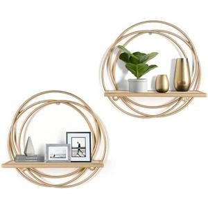 Oakrain Small Floating Shelves Set of 2, Wall Mounted Hanging Shelf with Gold Metal and Wood, Round Wall Shelves for Storage, Living Room Decor, Bathroom, Kitchen, Bedroom, Office
