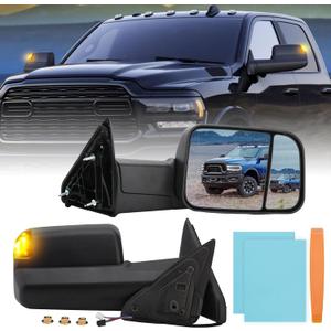 Driver Side Mirror Compatible with 2009-2018 Dodge Ram 1500,2010-2018 Dodge Ram 2500 3500,Tow Mirrors with Power Glass Heated Turn Signal Light Puddle Lamp(Black) (Left)