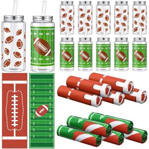 24 Pcs 16.9 Oz Football Plastic Cups Bulk Football Cooling Towel Set Includes 12 Footballs Theme Cups with Straw and Lid 12 Footballs Ice Towel for Sport Party Favors Team Gifts