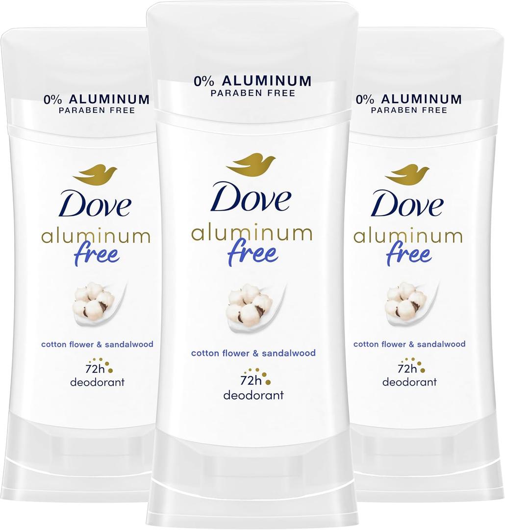 Dove Aluminum Free Deodorant for Women 3 Count Cotton Flower & Sandalwood 72 hour odor protection, 2.6 oz