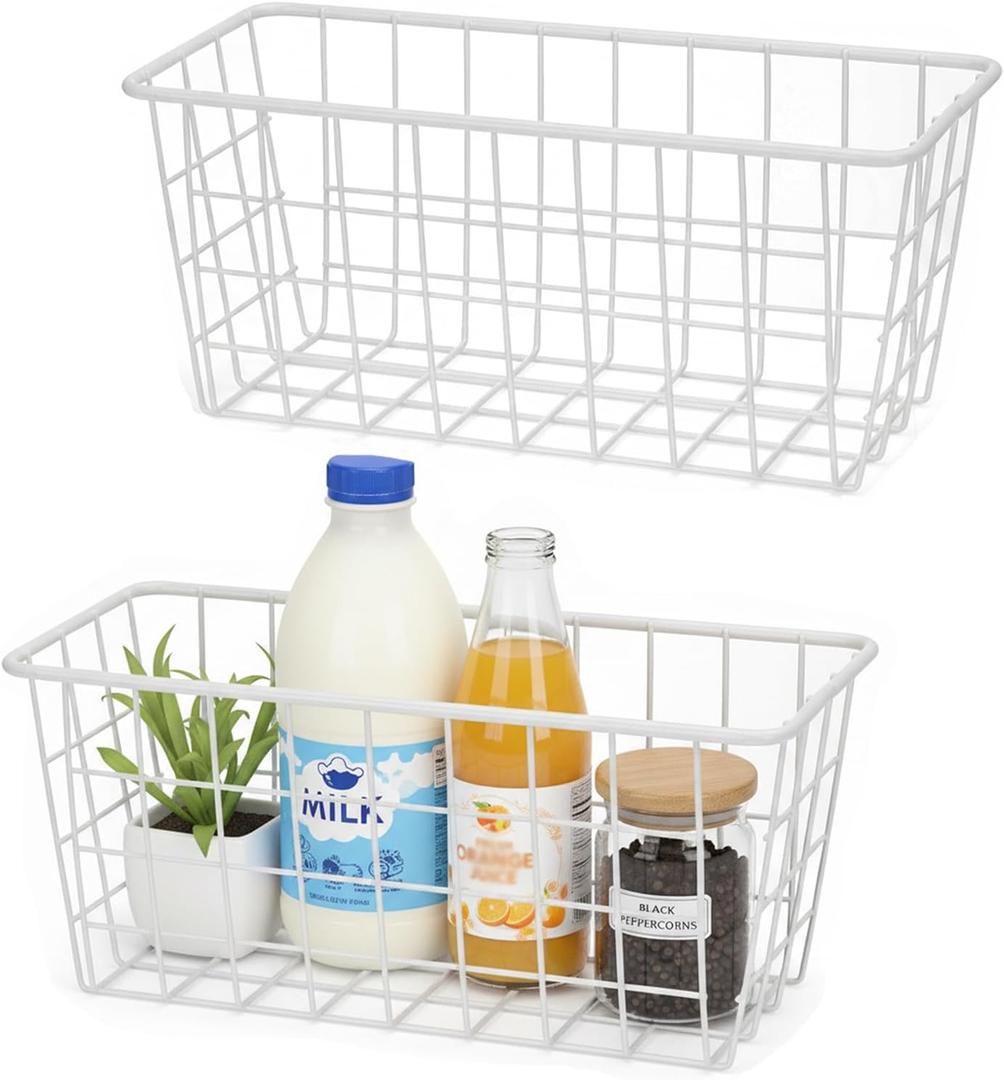 2 Set LeleCAT Hanging Wall Basket Organizer Over the Cabinet Door Adhesive Wire Baskets for Organizing Kitchen Food Pantry Bathroom Shelf Storage No Drilling Wall Mounted,White