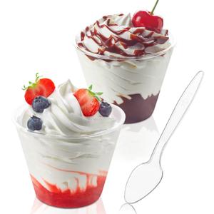 50 Pack 5 oz Plastic Dessert Cups with Spoons, Mini Mousse Cup Round Pudding Cups Party Serving Bowl for Cocktails Appetizers Fruit Parfait and Trifle
